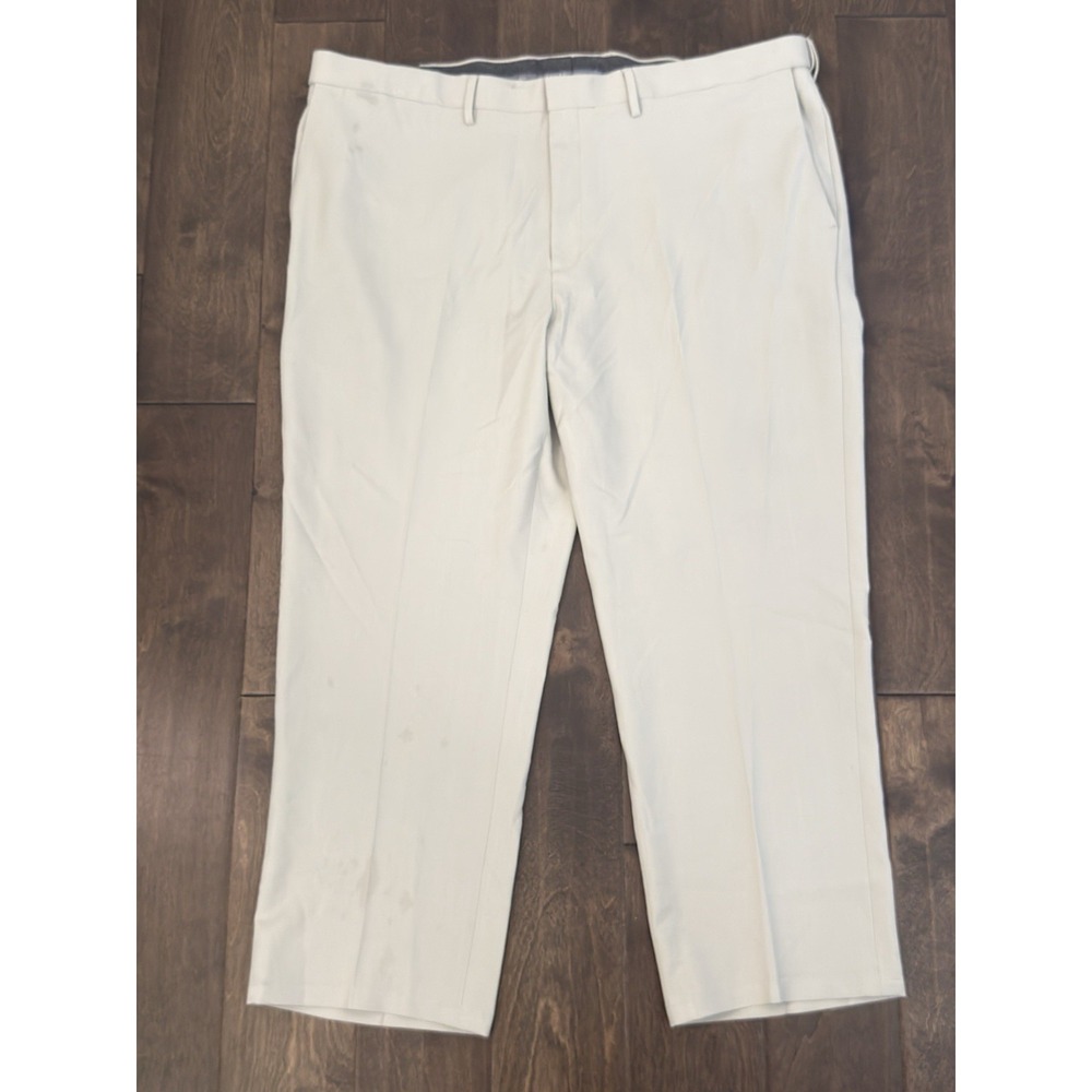 Haggar Premium Flat Front Dress Pants Mens 44X28 Tan Expandable Waist Pocket